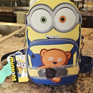 Loungefly Yellow and Blue Minion Crossbody Bag with Bear Applique